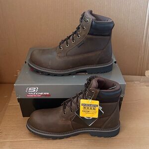 Men’s Skechers Work LongRider Steel Toe Brown leather boots Sz 9 NEW